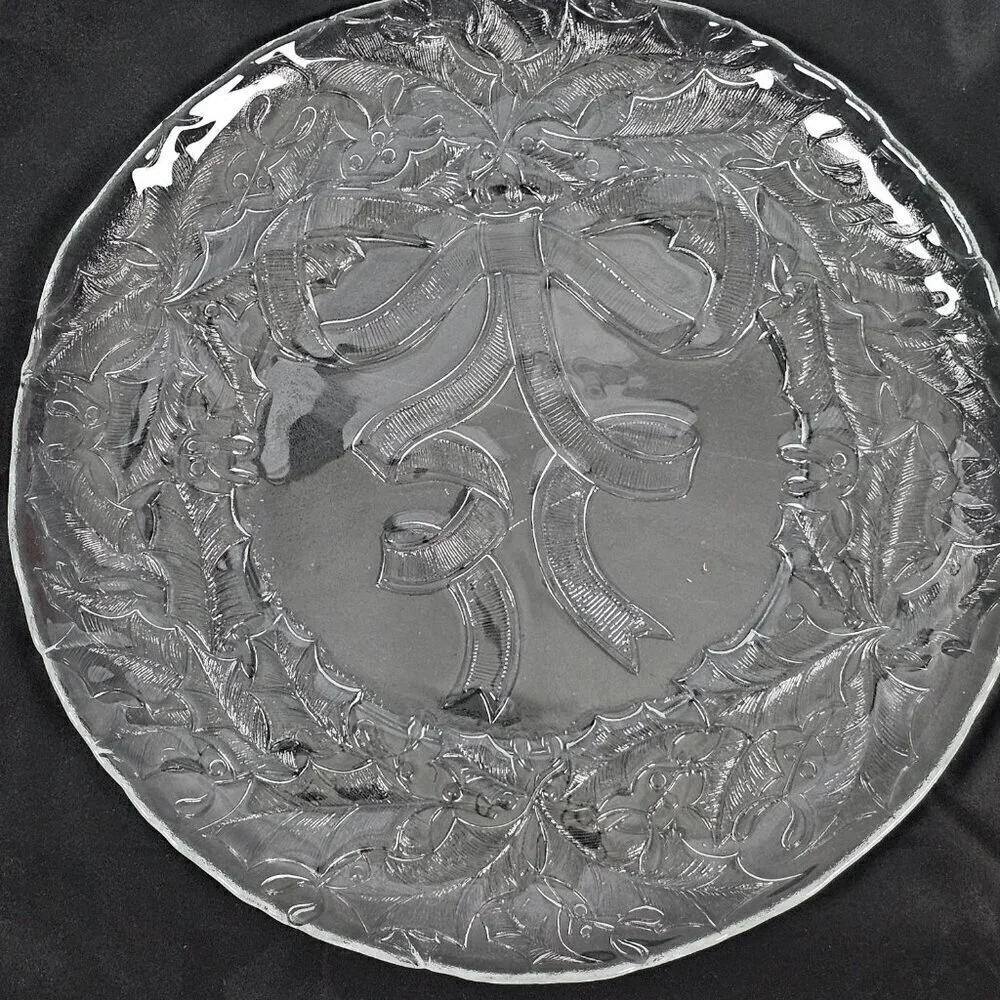 Arcoroc Vintage Clear Glass Christmas Holly Ribbon Cookie Serving Platter
